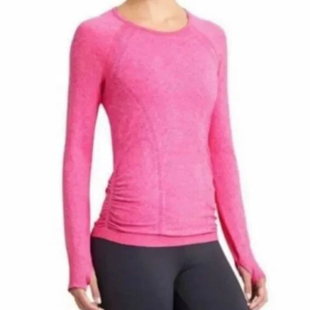 Athleta Fastest Track Long Sleeve Ruched Tee Space Dye Pink Size Small S